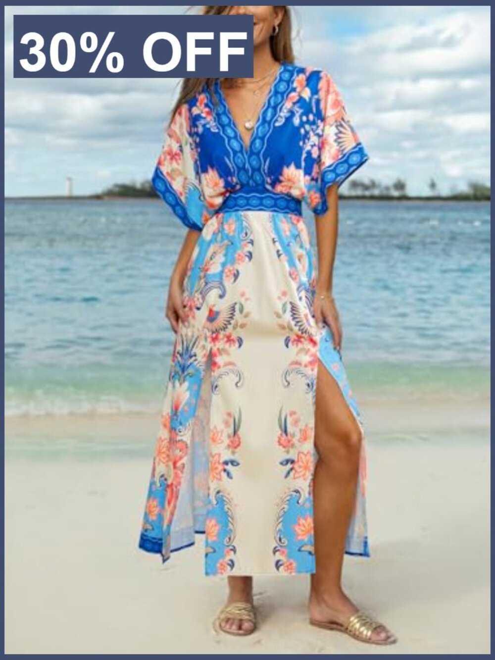 Women's Floral Maxi Dress V-Neck Short Sleeve Smocked Side Slit Pocket - Picture 3 of 7